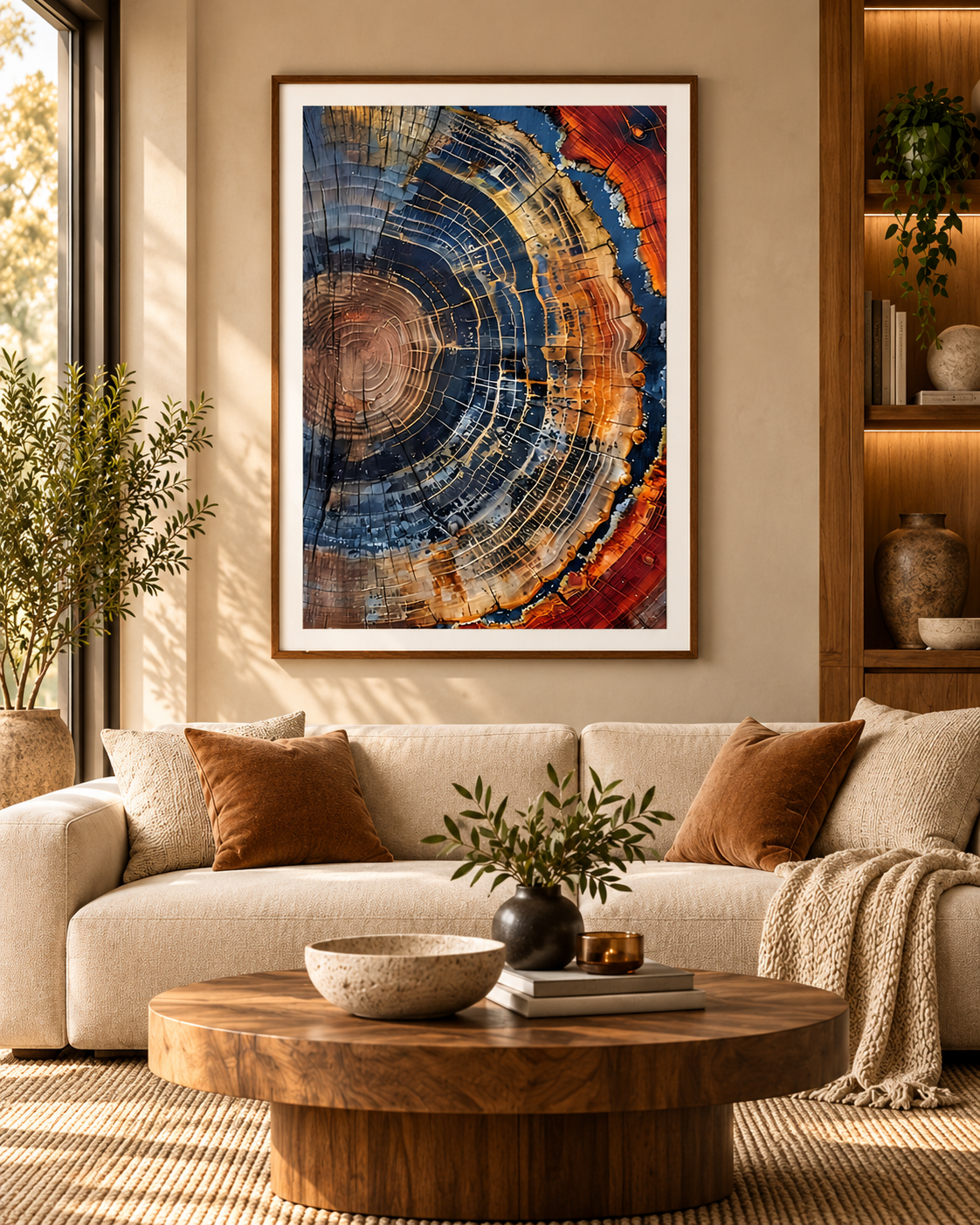 Tree Ring abstract wall art shown as a framed print in a warm earthy interior