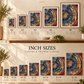 Tree Ring wall art size guide showing A-series mounted framed prints and portrait canvas sizes