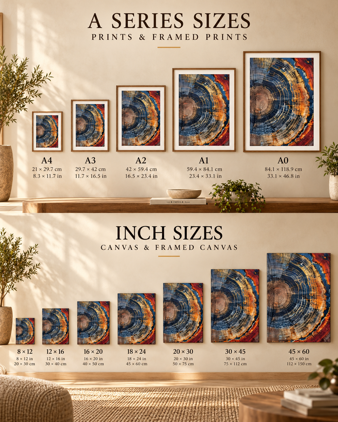 Tree Ring wall art size guide showing A-series mounted framed prints and portrait canvas sizes