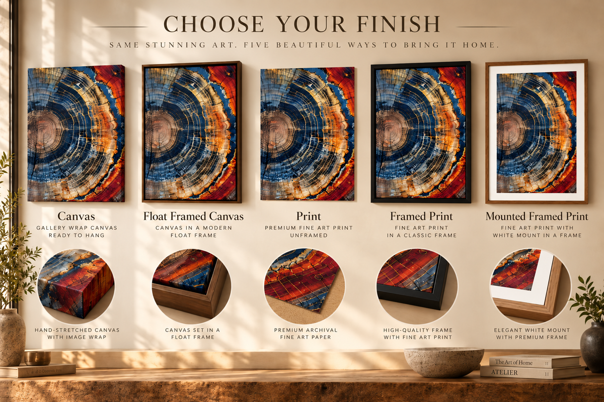 Tree Ring choose your finish guide showing canvas, float framed canvas, borderless print, framed print and mounted framed print