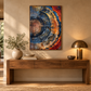 Tree Ring abstract wall art displayed in a warm modern hallway above a wooden console