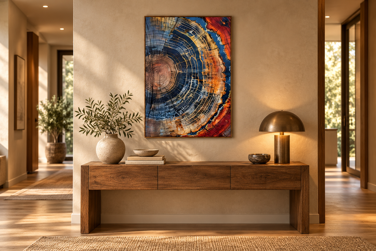 Tree Ring abstract wall art displayed in a warm modern hallway above a wooden console