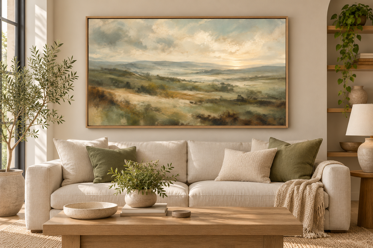 Green abstract landscape in an oak float frame above a neutral sofa