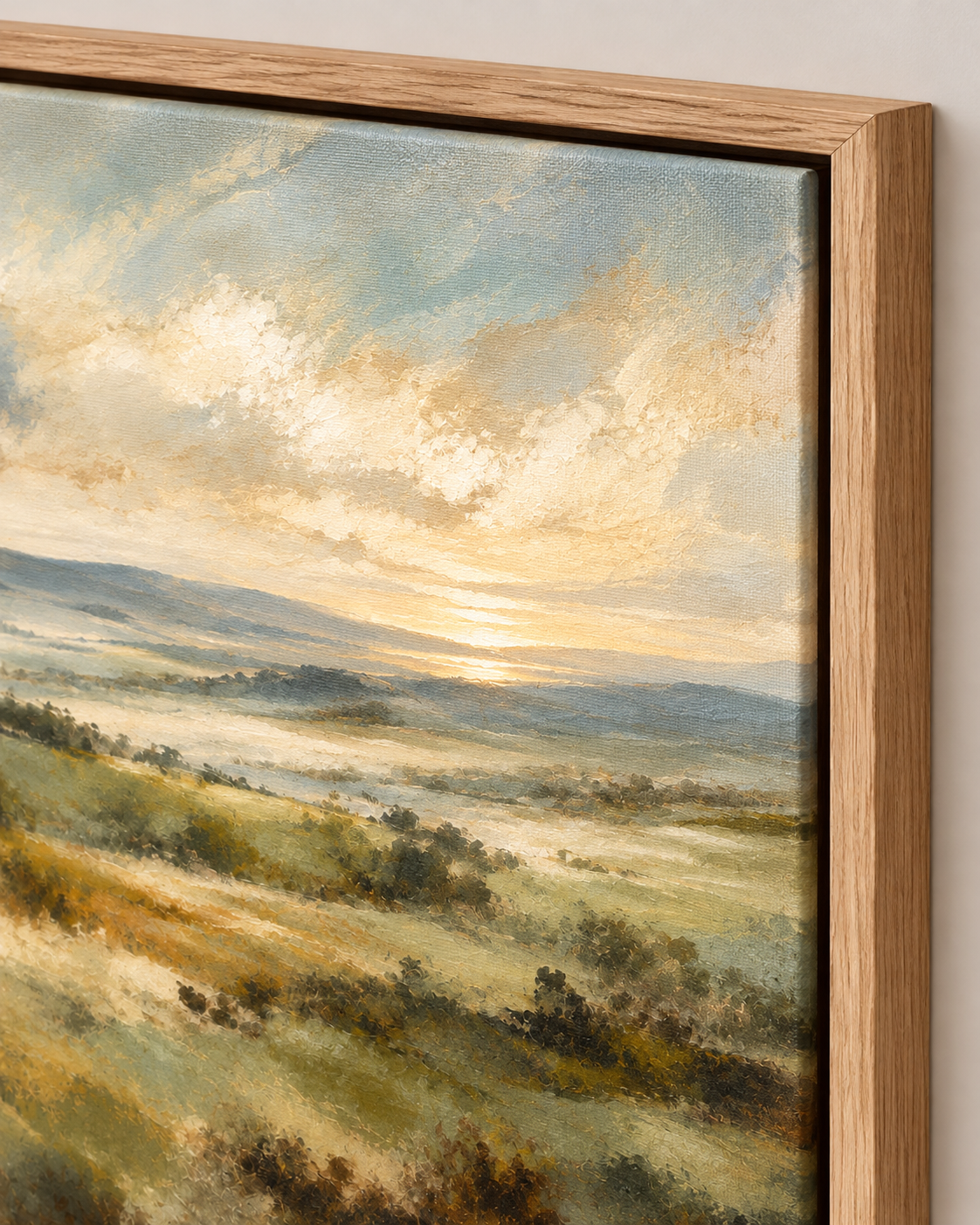 Close-up of green landscape canvas in an oak float frame