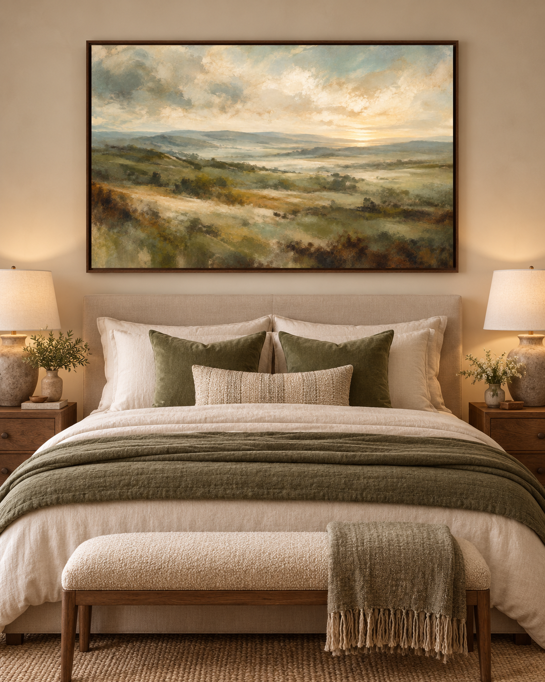 Green landscape wall art above a bed in a warm neutral bedroom