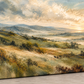Close-up of green landscape artwork on a stretched canvas