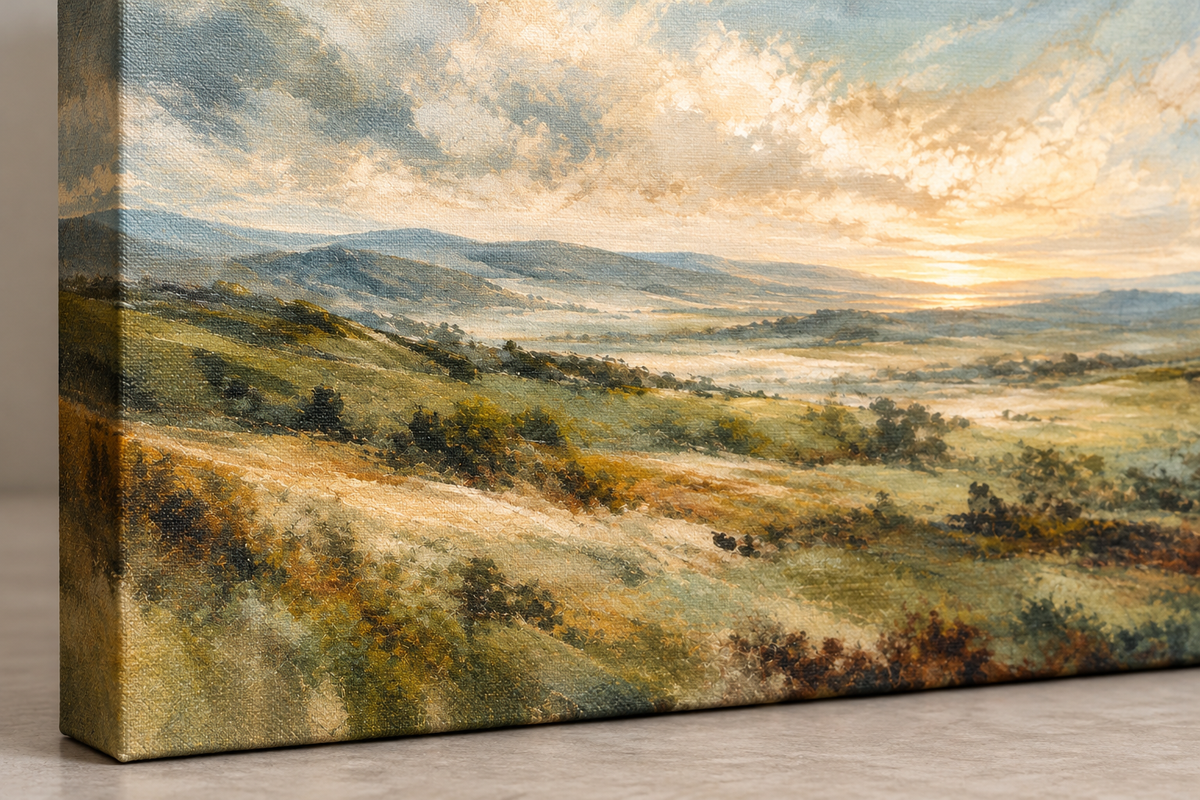Close-up of green landscape artwork on a stretched canvas