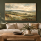 Green landscape artwork against a dark green living room wall