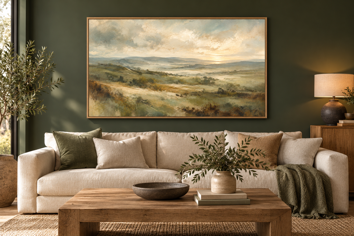 Green landscape artwork against a dark green living room wall