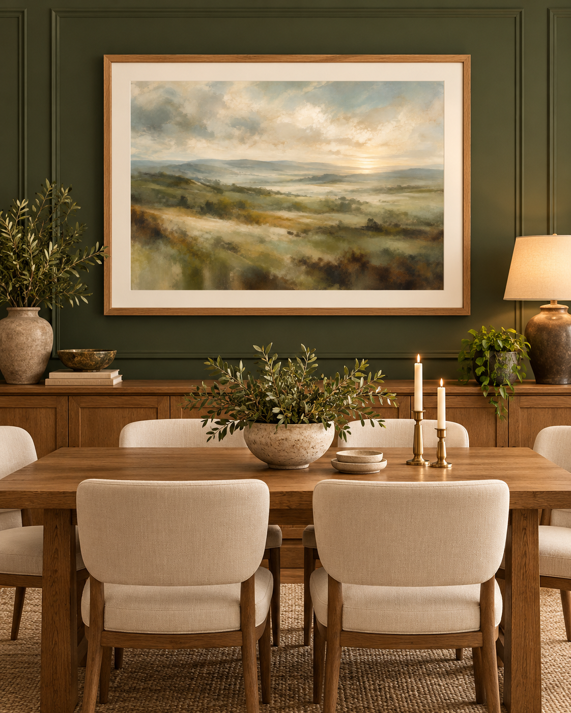 Mounted landscape print on a deep green dining room wall