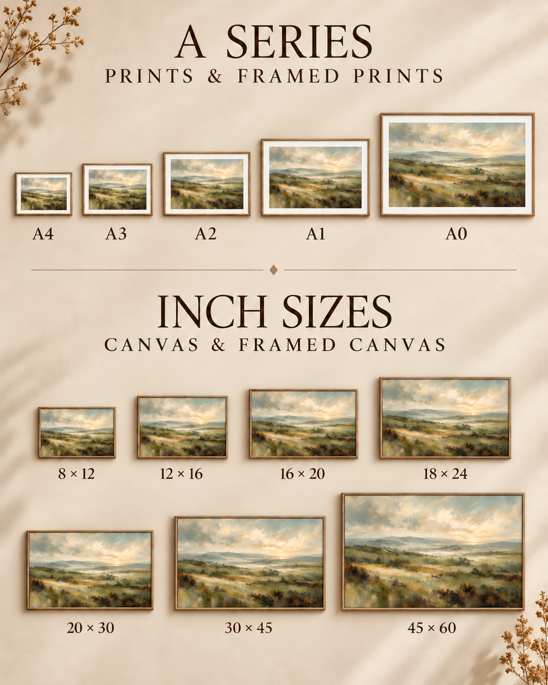 Size guide for A-series framed prints and inch-size canvases