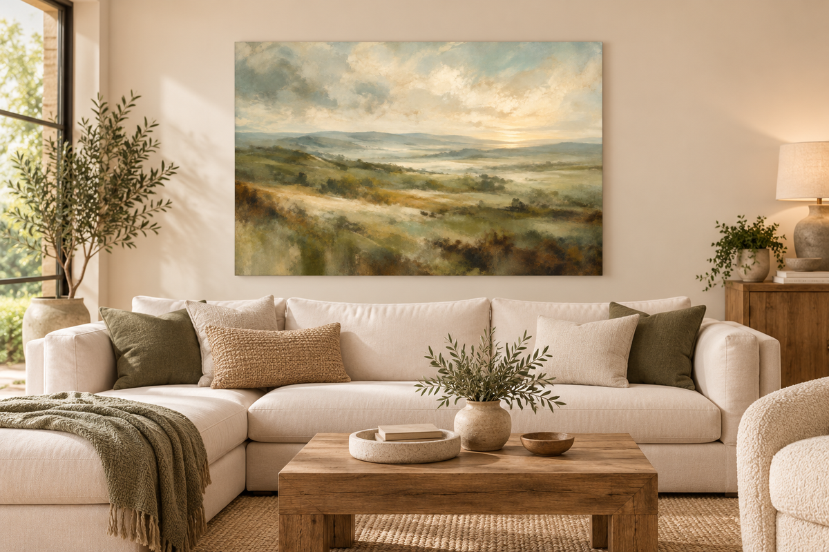 Green landscape canvas above a sofa in a neutral living room