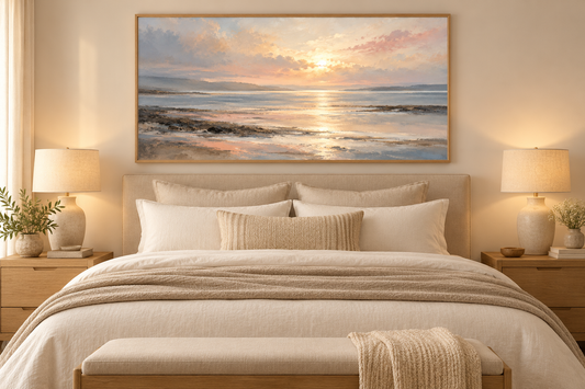 Coastal abstract landscape in an oak frame above a bed