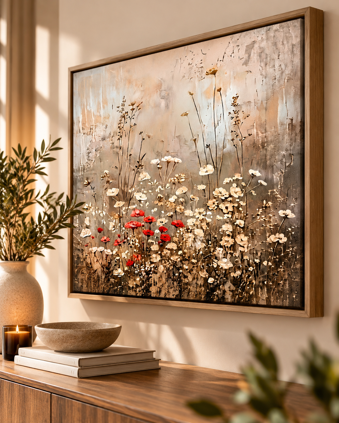 Wildflower landscape floral artwork with red poppy accents shown in a warm neutral interior