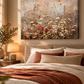 Wildflower landscape floral canvas with cream flowers and red poppy accents displayed above a warm neutral bedroom