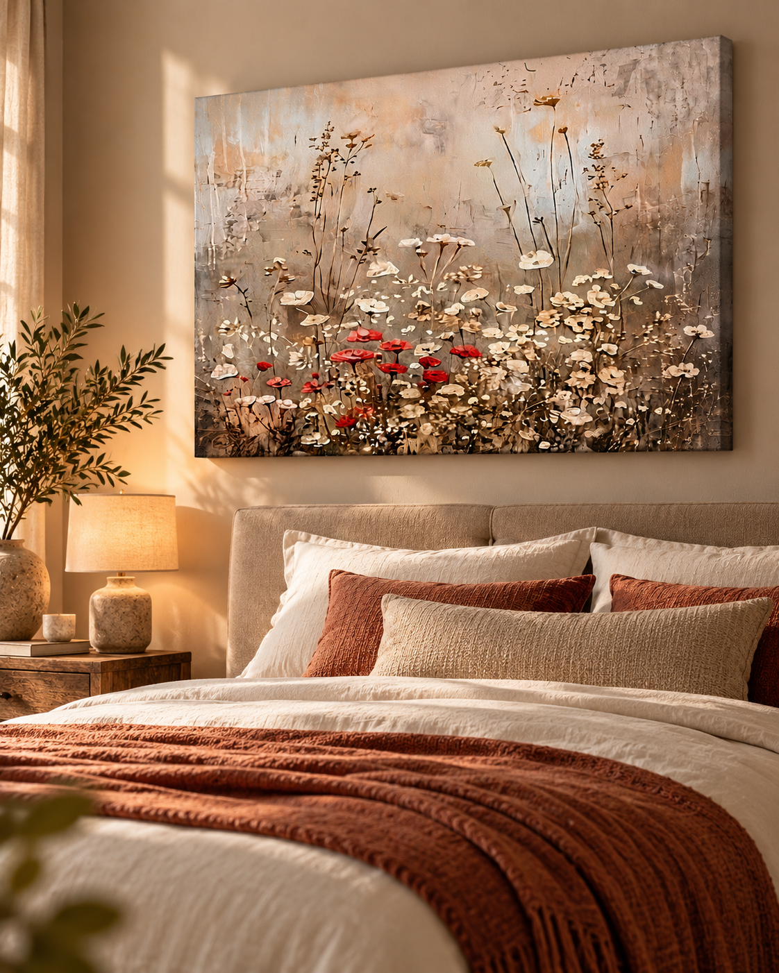 Wildflower landscape floral canvas with cream flowers and red poppy accents displayed above a warm neutral bedroom