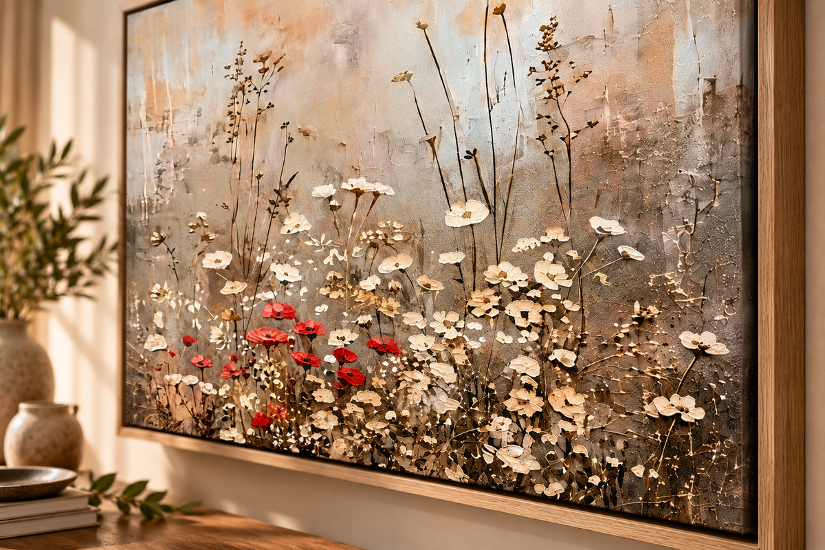 Close-up of Wildflower floral wall art in a warm wood float frame showing canvas texture and red poppy details