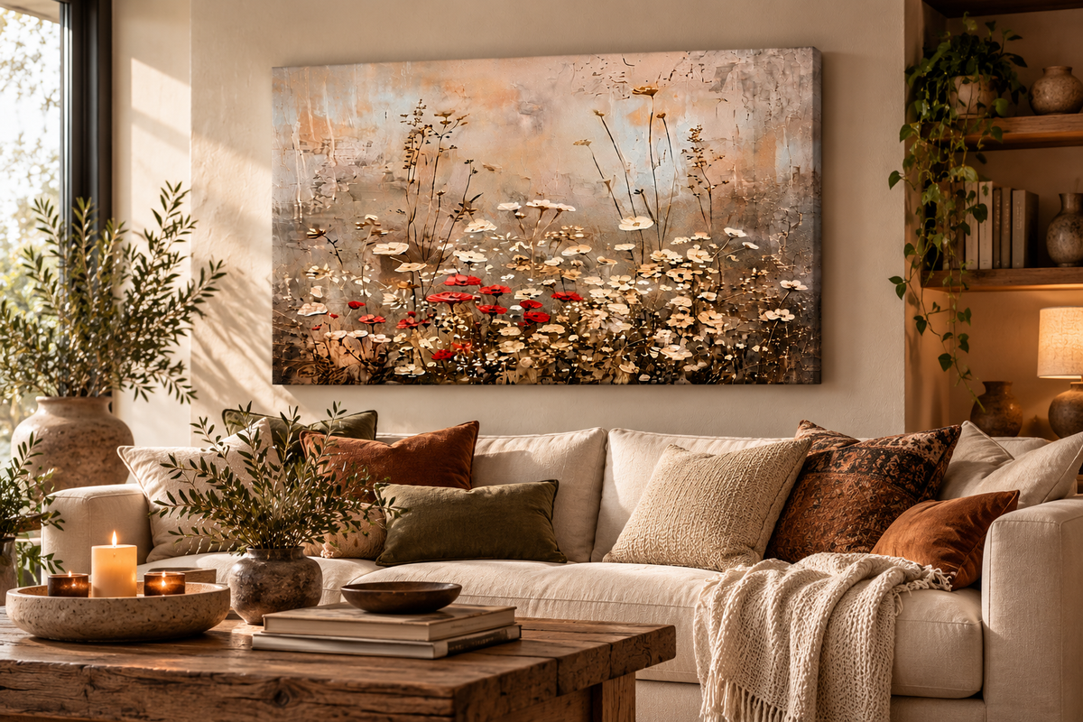 Wildflower floral canvas wall art displayed in a warm earthy living room with cream, rust and natural wood tones
