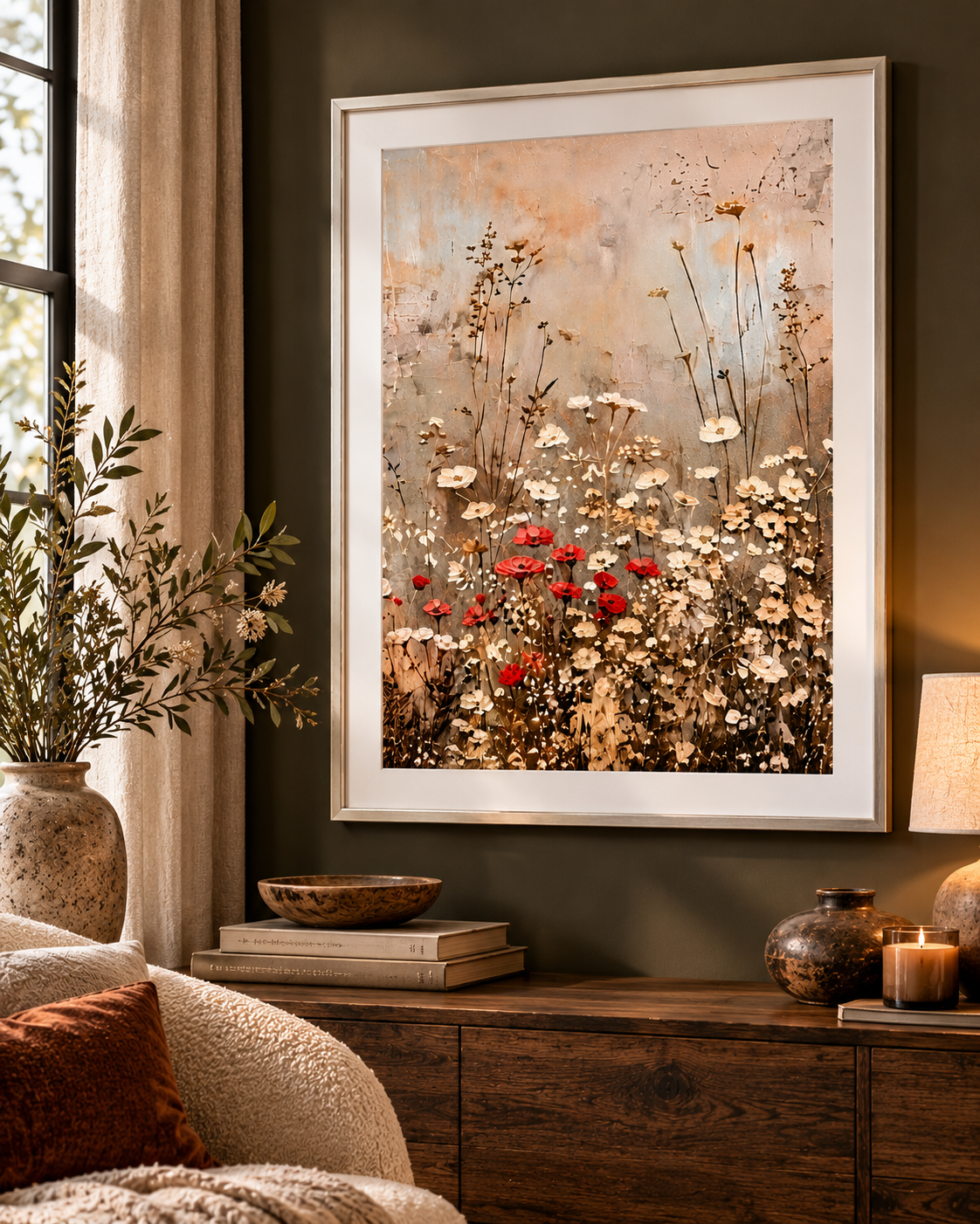 Wildflower floral wall art shown as a mounted framed print in a warm moody interior with cream matting and neutral decor