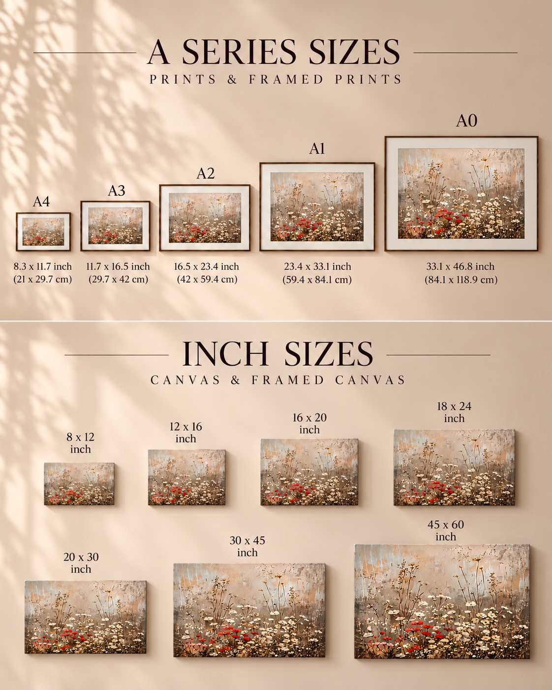 Wildflower wall art size guide showing A-series print sizes and landscape canvas sizes