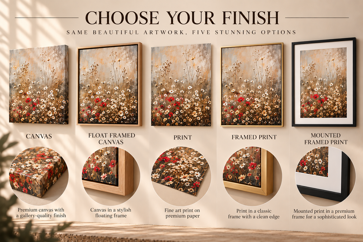 Wildflower wall art choose your finish guide showing canvas, float framed canvas, print, framed print and mounted framed print