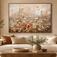 Wildflower neutral floral wall art with red poppy accents displayed in a warm contemporary living room