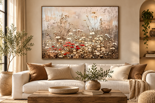 Wildflower neutral floral wall art with red poppy accents displayed in a warm contemporary living room